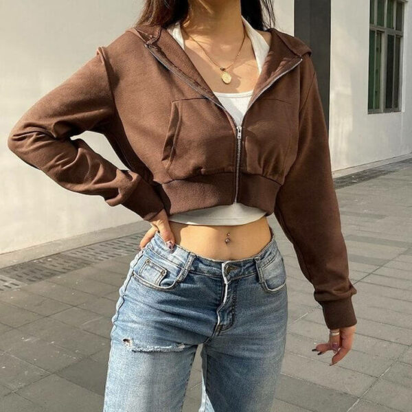 cropped zip up hoodies brown
